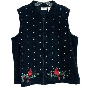 Vintage Embroidered Christmas Cardinal Holiday Vest Sequins Floral Women's XL